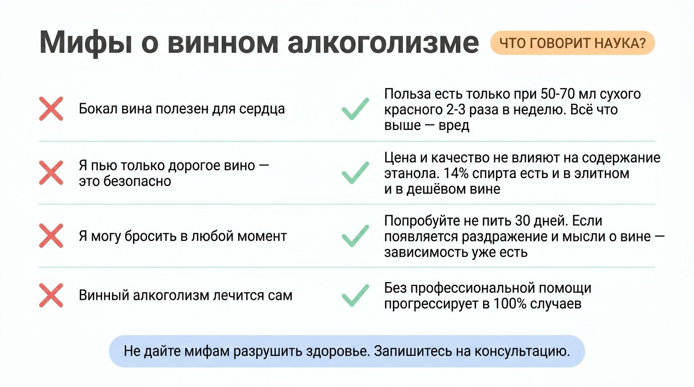 Инфографика 4 главных мифа о винном алкоголизме и научные факты от врачей наркологов клиники