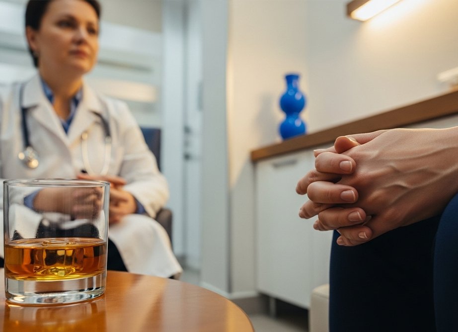 Врач и пациент с алкоголем на столе