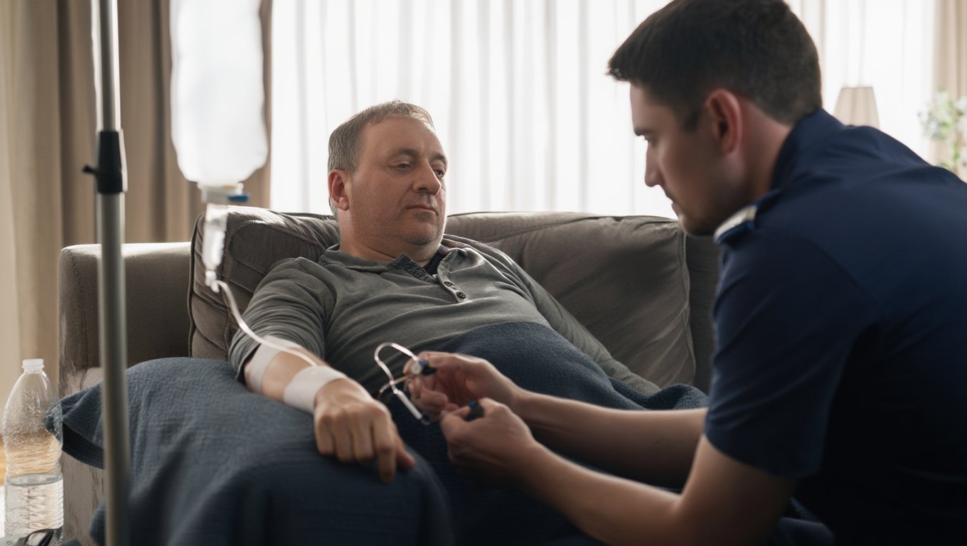 Мужчина с капельницей и рядом сидит врач