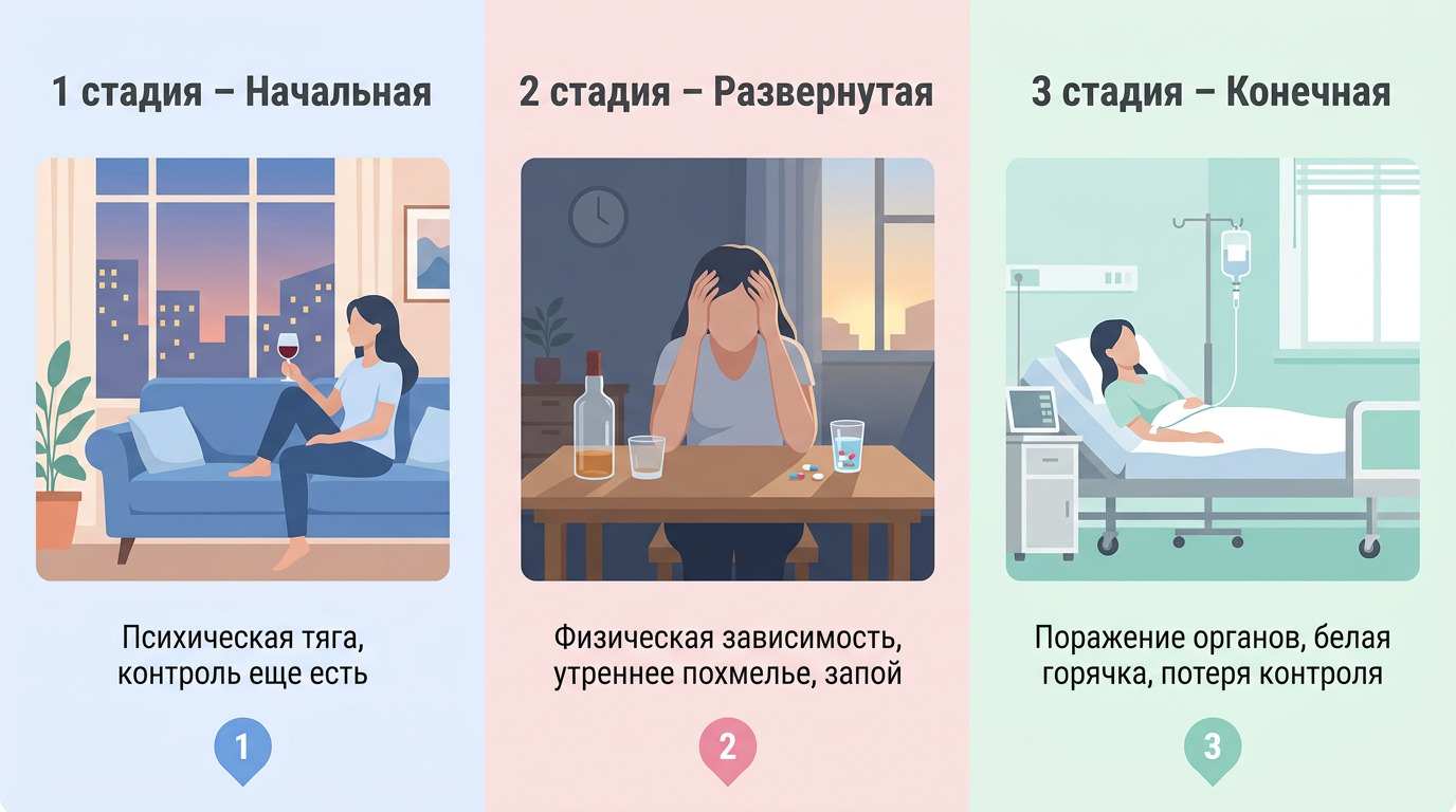 Инфографика трех стадий женского алкоголизма