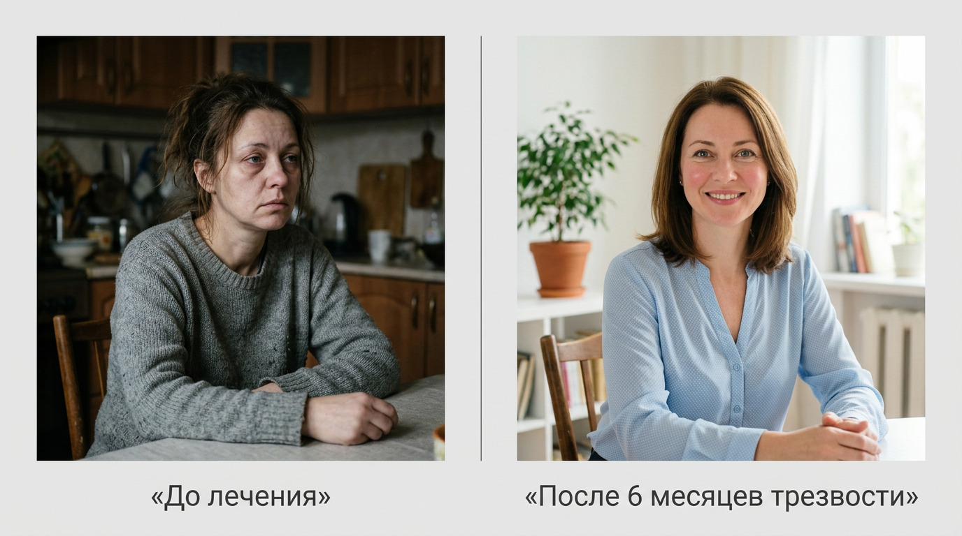 до и после лечения женского алкоголизма: через 6 месяцев трезвости женщина выглядит здоровой, счастливой и ухоженной