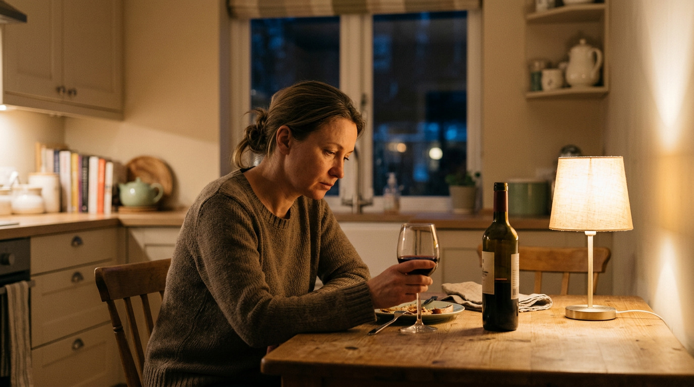 женщина пьет вино одна дома, ранний признак алкогольной зависимости